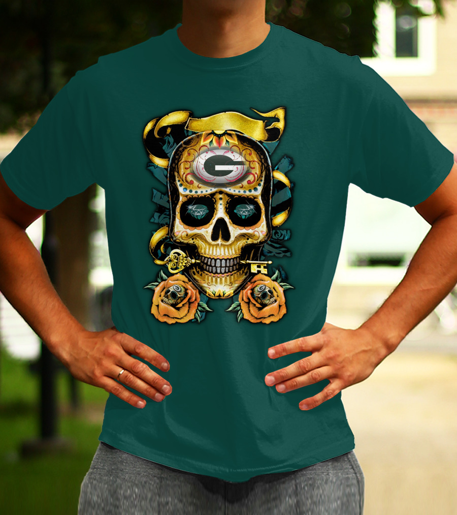 Green Bay Packers Sugar Skull Gothic Design With Floral And Key Elements T-Shirt