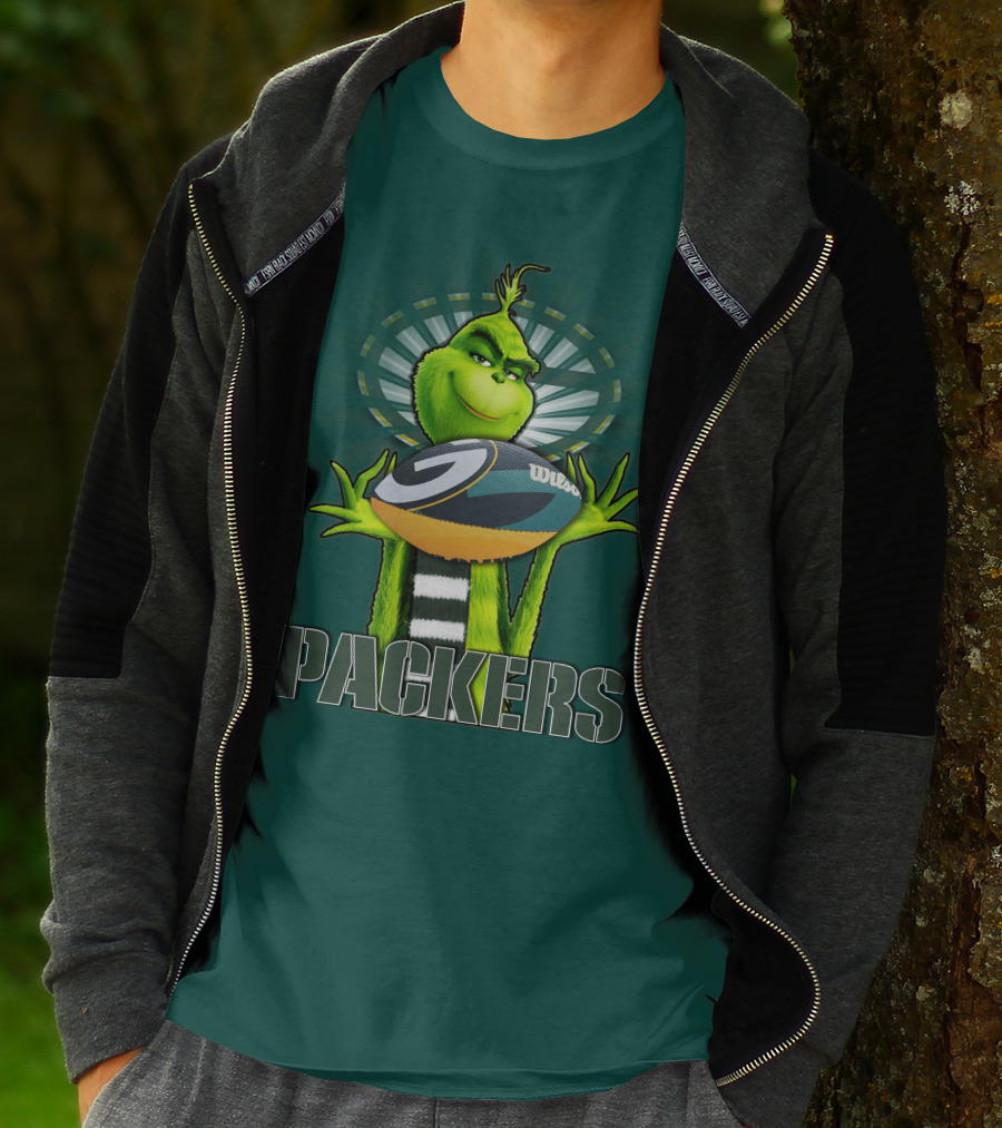 Grinch Holding Green Bay Packers Wilson Football T-Shirt