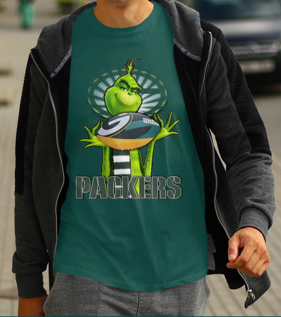 Grinch Holding Green Bay Packers Wilson Football T-Shirt