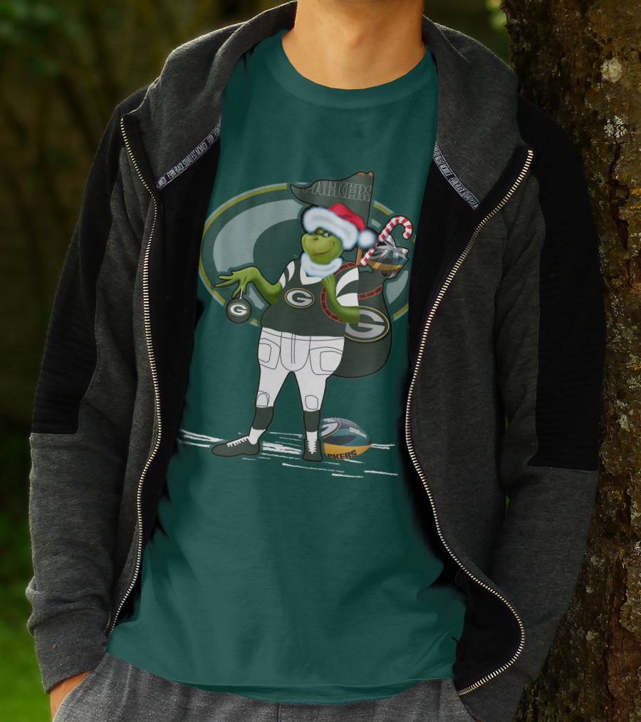 Grinch Green Bay Packers Christmas Santa Hat Football Candy Cane T-Shirt