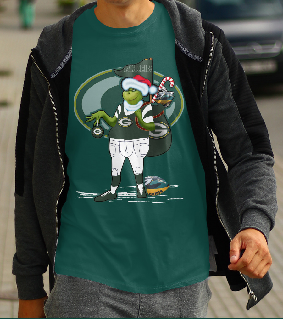 Grinch Green Bay Packers Christmas Santa Hat Football Candy Cane T-Shirt