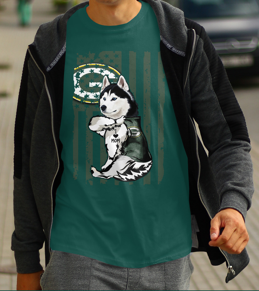 Siberian Husky Green Bay Packers Mom Fan With Heart Tattoo And Team T-Shirt