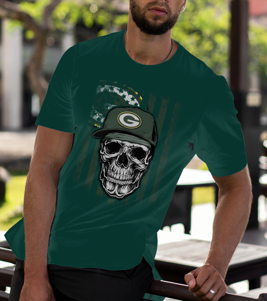Skull Wearing Green Bay Packers Cap On Flag Background T-Shirt