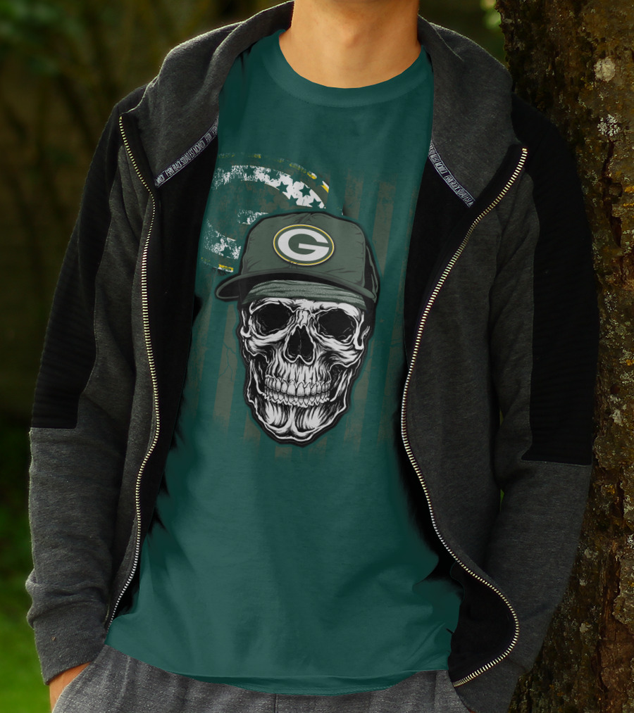 Skull Wearing Green Bay Packers Cap On Flag Background T-Shirt