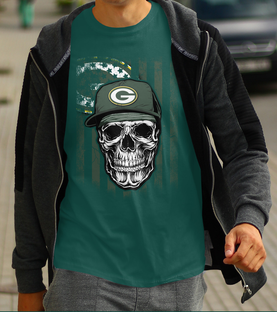 Skull Wearing Green Bay Packers Cap On Flag Background T-Shirt