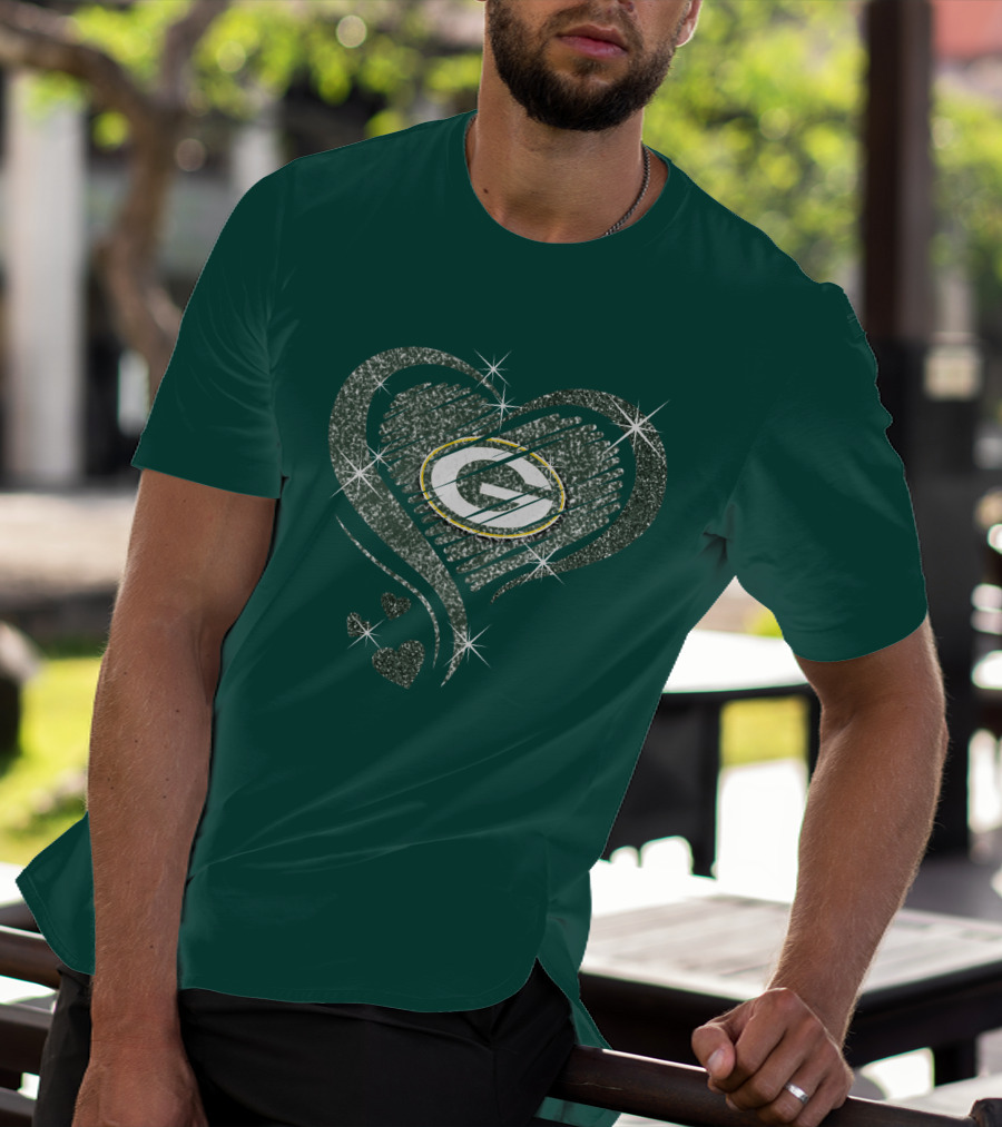 Green Bay Packers Heart Diamond Sparkle T-Shirt