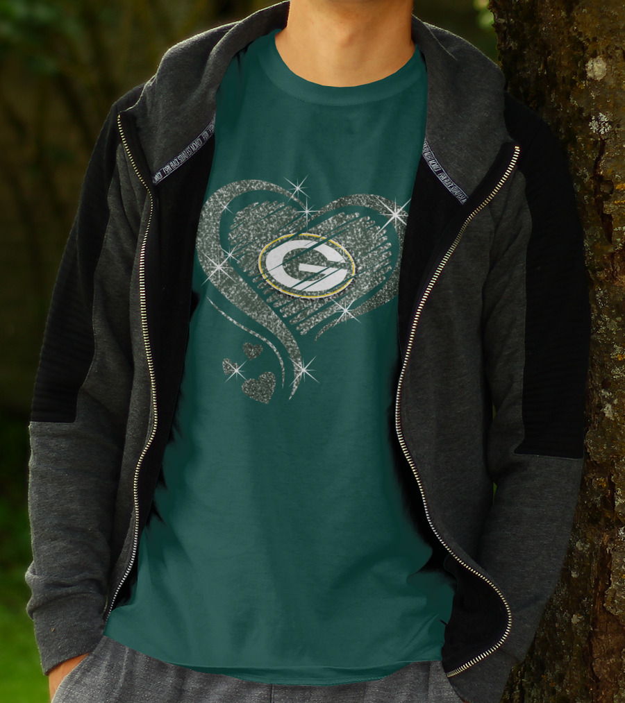Green Bay Packers Heart Diamond Sparkle T-Shirt