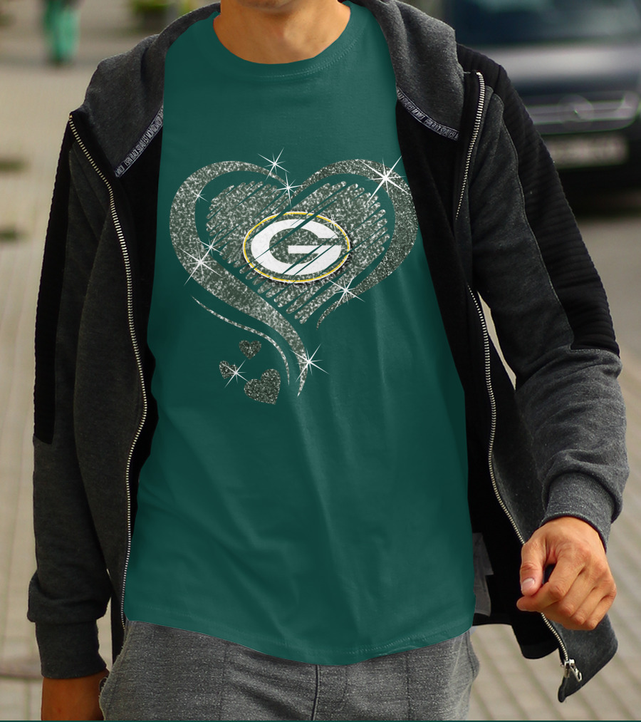 Green Bay Packers Heart Diamond Sparkle T-Shirt