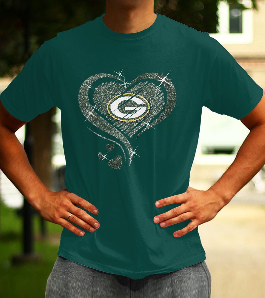 Green Bay Packers Heart Diamond Sparkle T-Shirt
