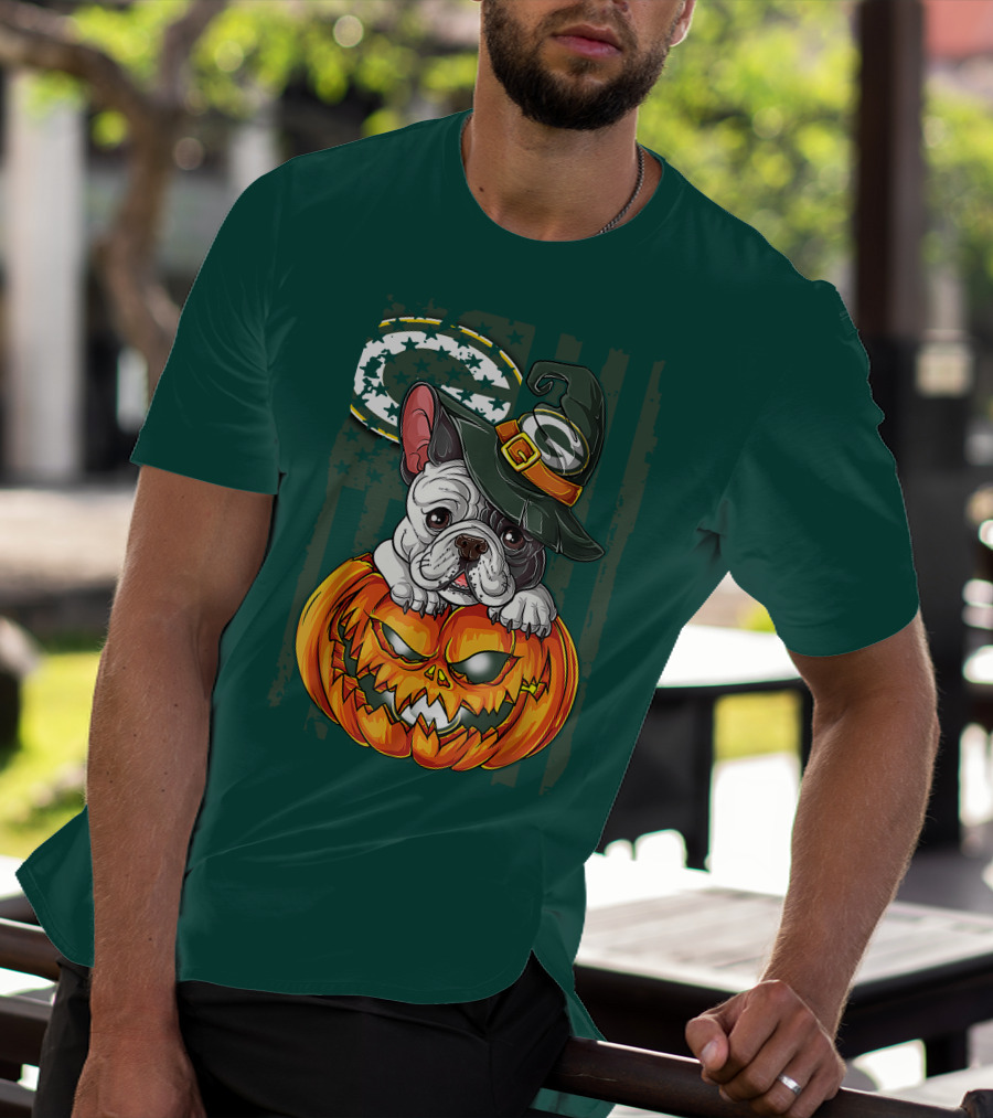 Hlw Bulldog Halloween Witch Green Bay Packers Pumpkin T-Shirt