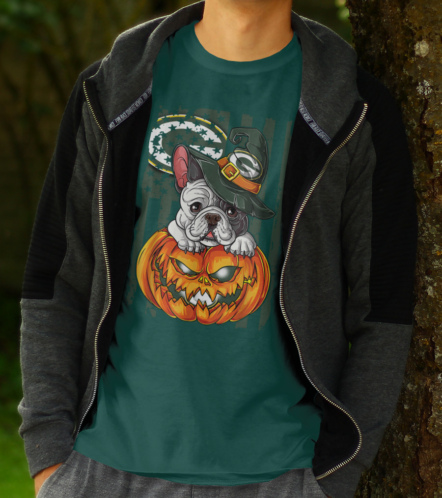 Hlw Bulldog Halloween Witch Green Bay Packers Pumpkin T-Shirt