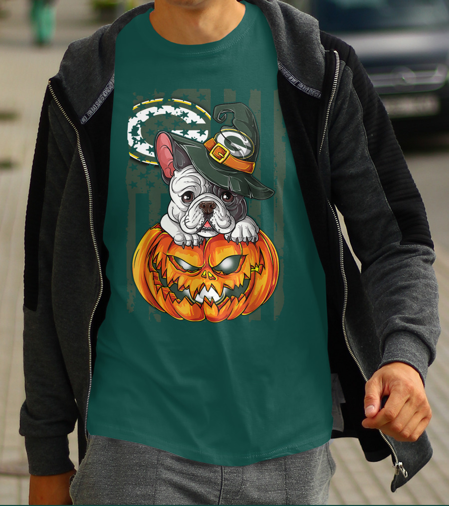 Hlw Bulldog Halloween Witch Green Bay Packers Pumpkin T-Shirt