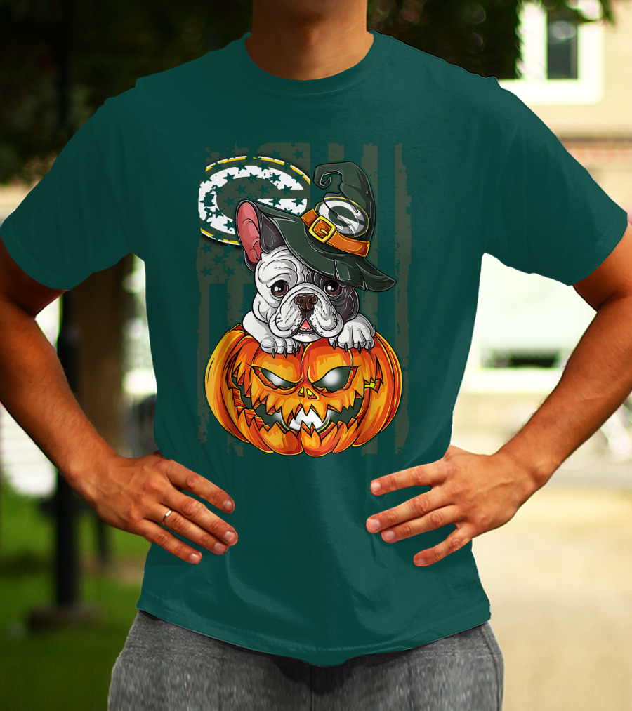 Hlw Bulldog Halloween Witch Green Bay Packers Pumpkin T-Shirt