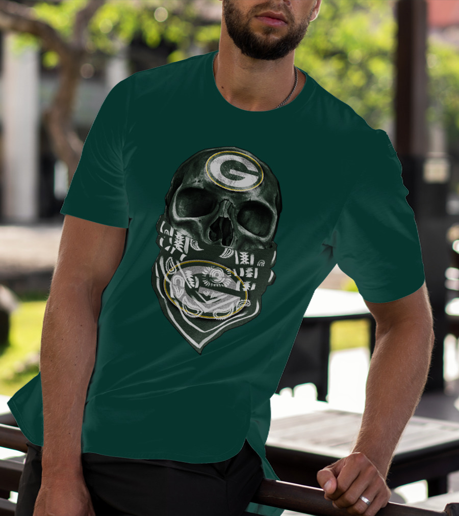 Skull Wearing Green Bay Packers Bandana T-Shirt