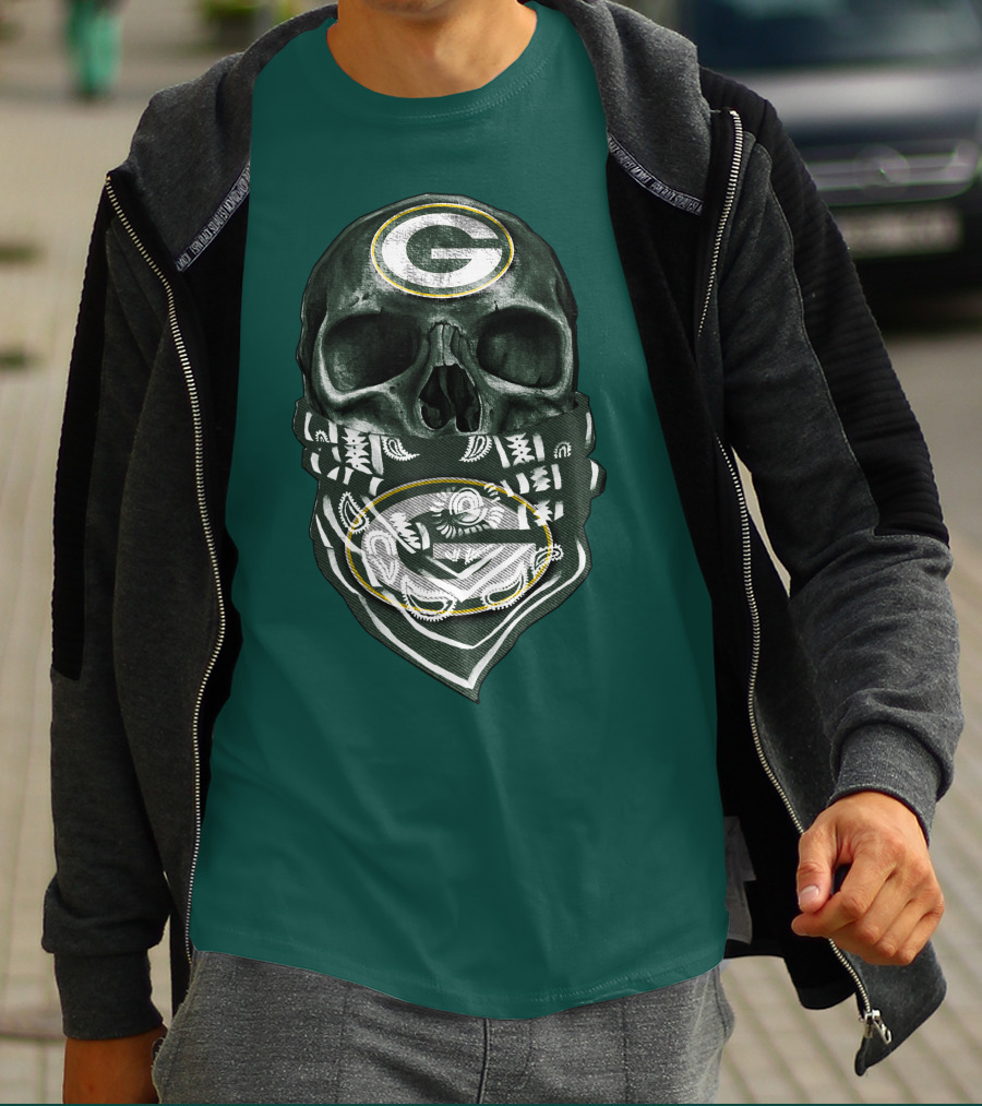 Skull Wearing Green Bay Packers Bandana T-Shirt