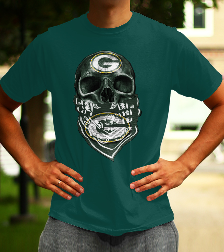 Skull Wearing Green Bay Packers Bandana T-Shirt