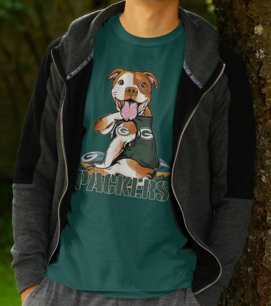 Pitbull Dog In Green Bay Packers Jersey With Football T-Shirt