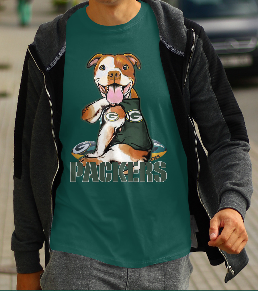 Pitbull Dog In Green Bay Packers Jersey With Football T-Shirt