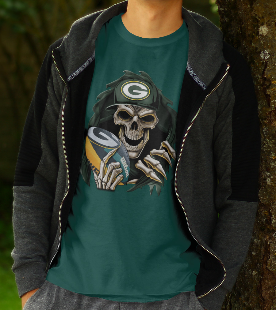 Skull With Green Bay Packers Cap Holding Football On Dark Green T-Shirt