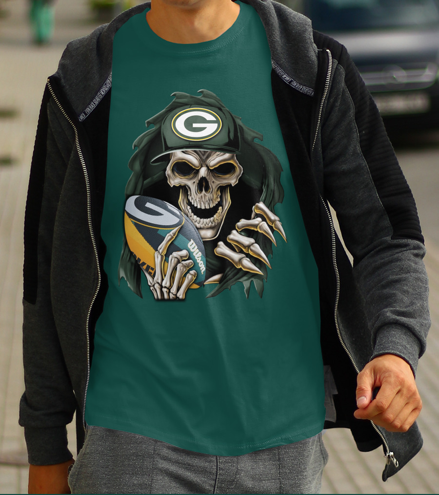 Skull With Green Bay Packers Cap Holding Football On Dark Green T-Shirt