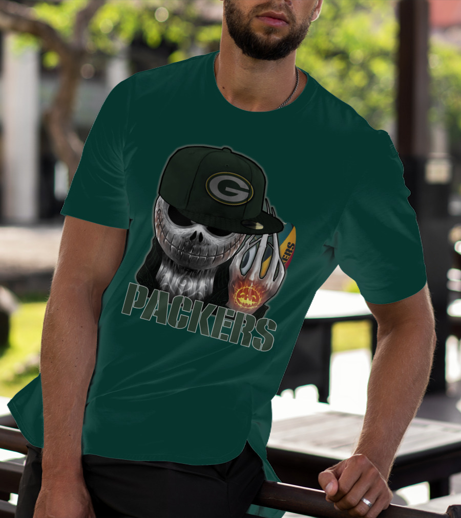 Jackskull Green Bay Packers Halloween Theme Packers Fan Skull T-Shirt
