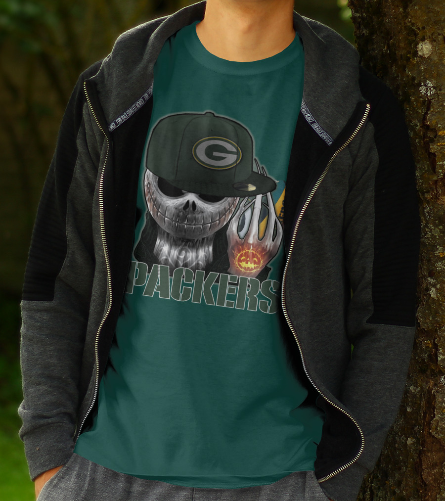 Jackskull Green Bay Packers Halloween Theme Packers Fan Skull T-Shirt