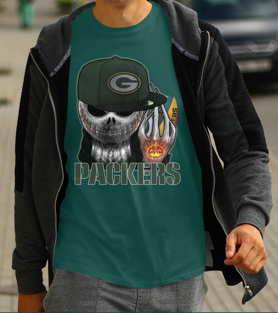 Jackskull Green Bay Packers Halloween Theme Packers Fan Skull T-Shirt