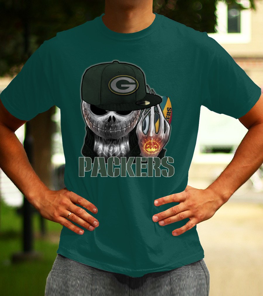 Jackskull Green Bay Packers Halloween Theme Packers Fan Skull T-Shirt
