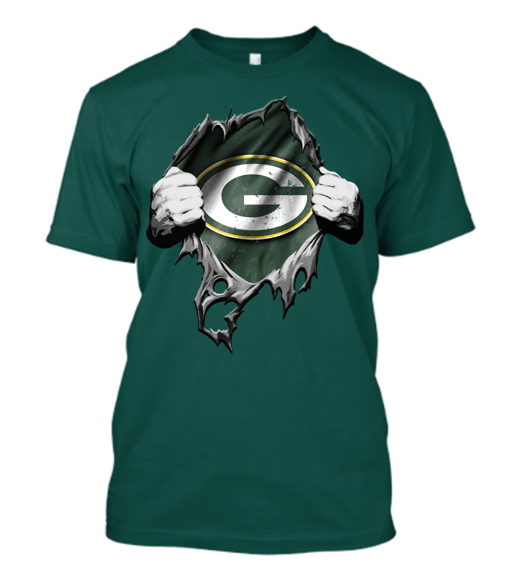 Torn Green Bay Packers Logo With Hands On Green Background T-Shirt