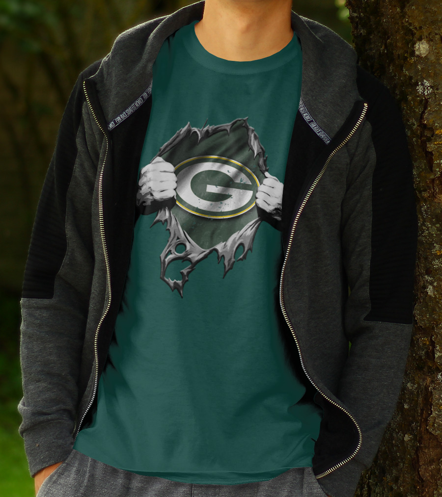 Torn Green Bay Packers Logo With Hands On Green Background T-Shirt