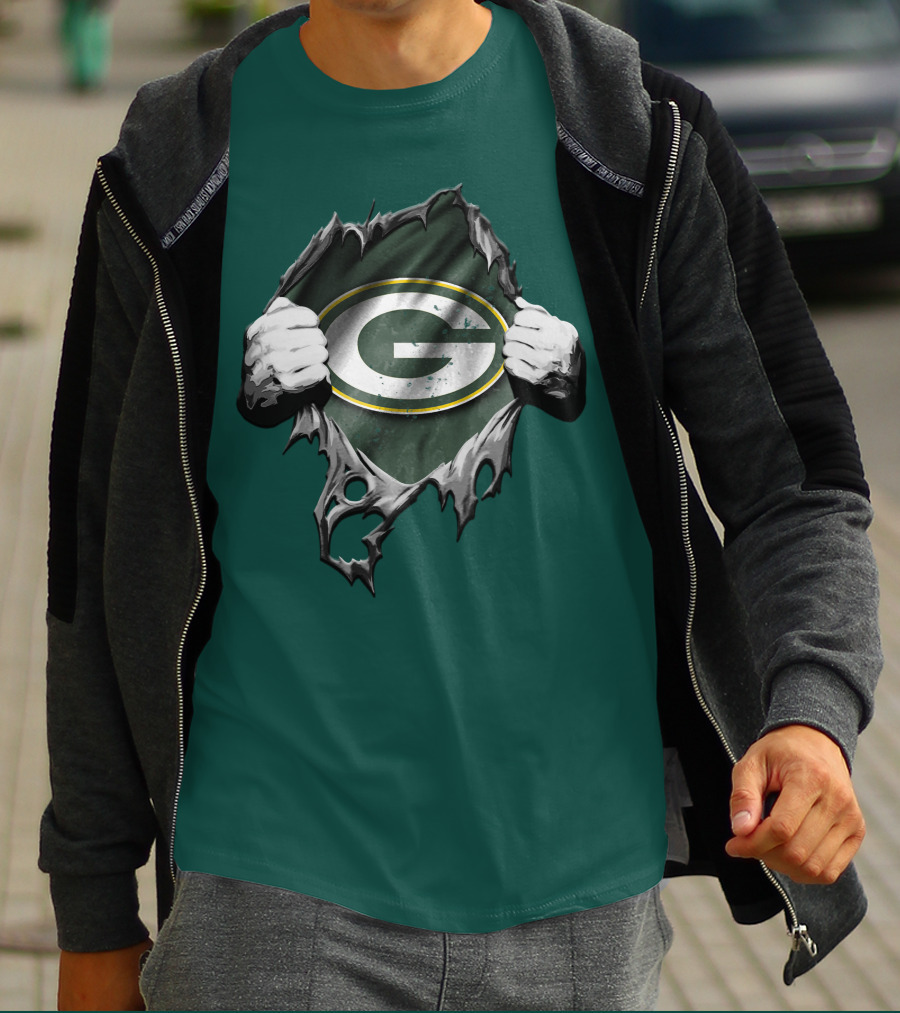 Torn Green Bay Packers Logo With Hands On Green Background T-Shirt