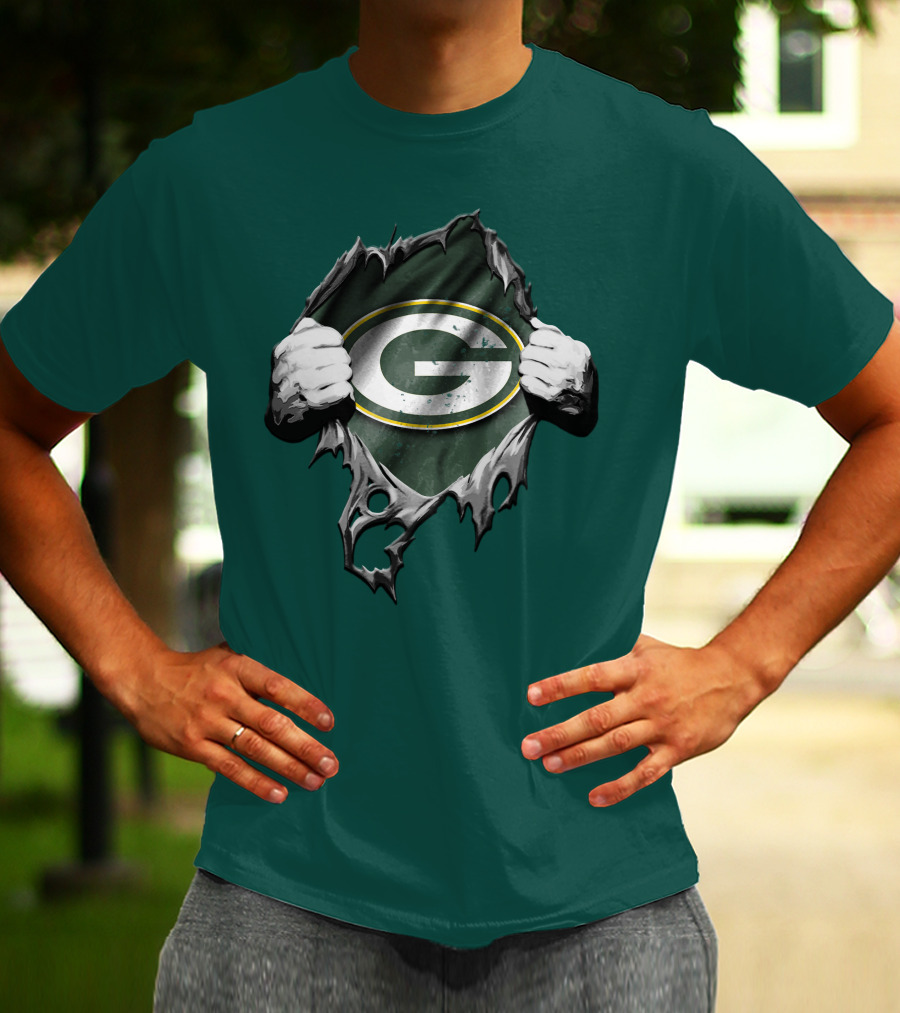 Torn Green Bay Packers Logo With Hands On Green Background T-Shirt