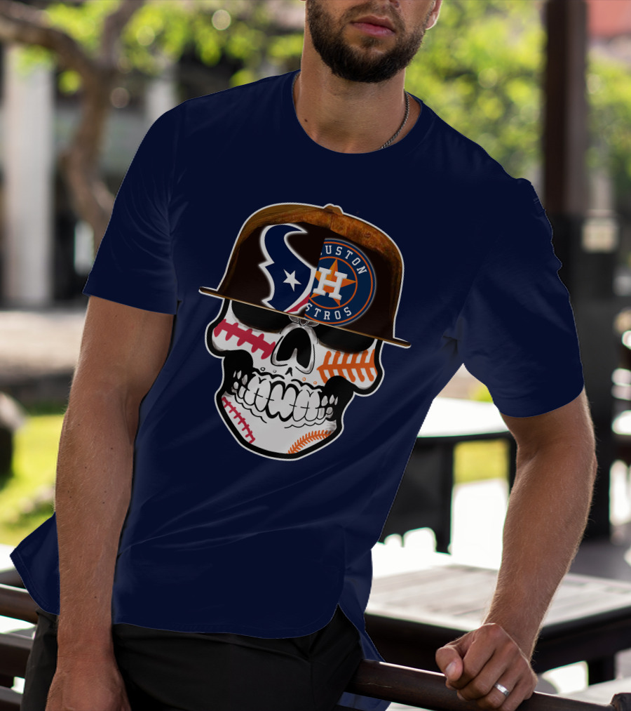 Houston Texans Astros Skull Logo Baseball Football Fusion T-Shirt