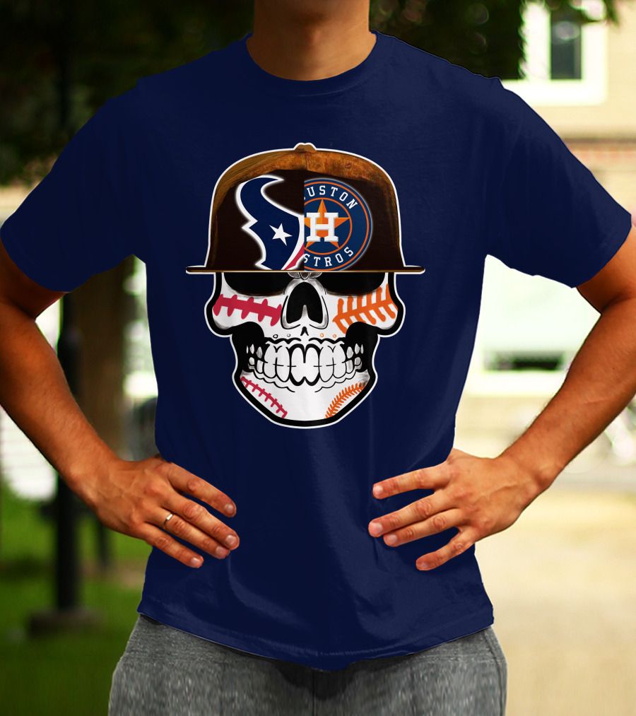 Houston Texans Astros Skull Logo Baseball Football Fusion T-Shirt