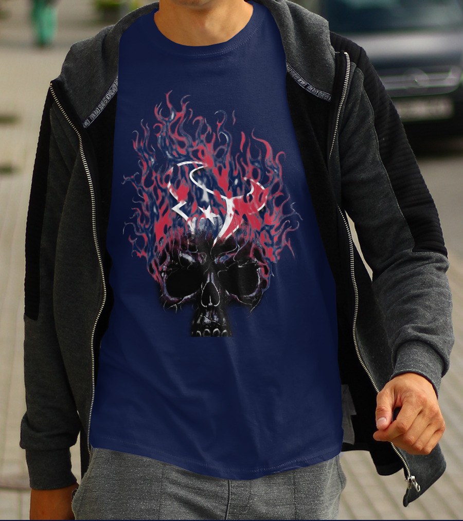 Houston Texans Skull With Fiery Logo And Flames T-Shirt