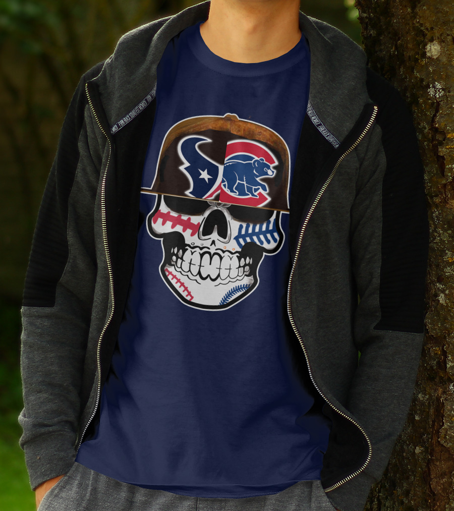 Houston Texans Chicago Cubs Skull Baseball Football Fusion T-Shirt