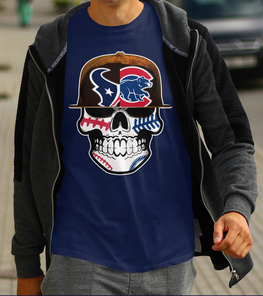 Houston Texans Chicago Cubs Skull Baseball Football Fusion T-Shirt