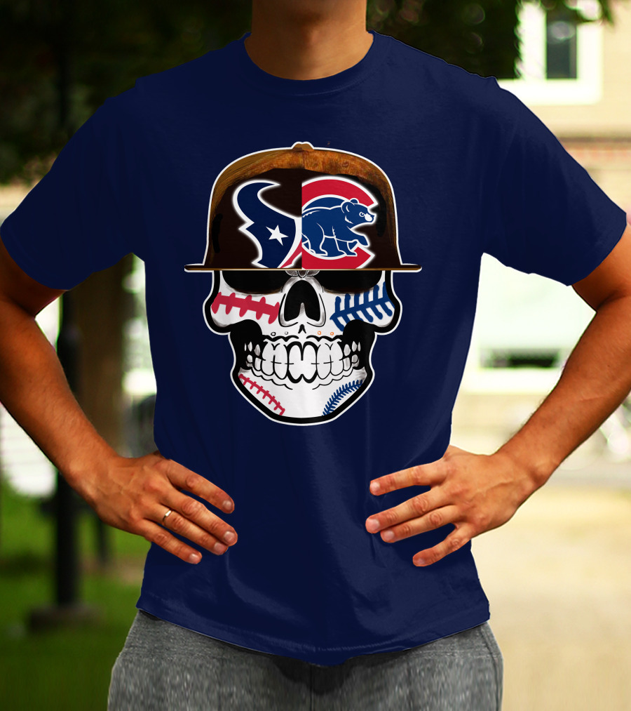 Houston Texans Chicago Cubs Skull Baseball Football Fusion T-Shirt