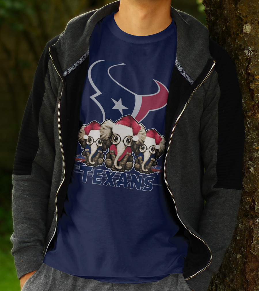 Elephants In Christmas Hats With Houston Texans T-Shirt