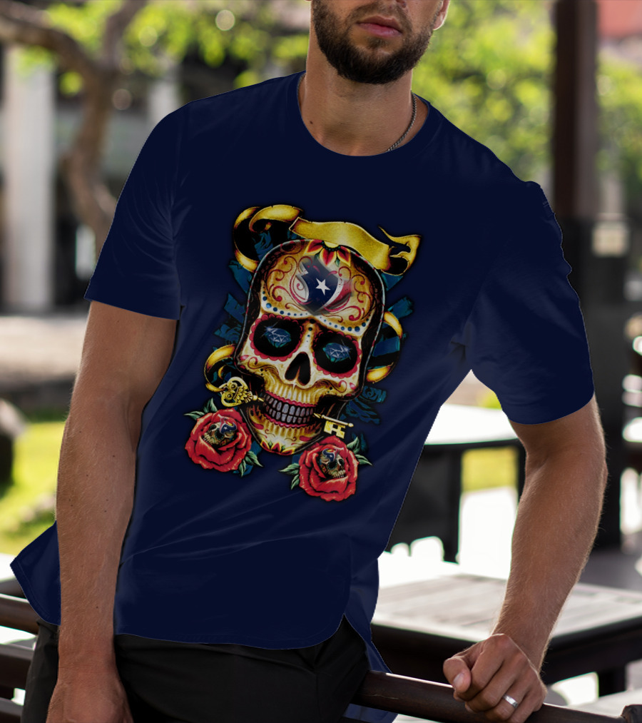 Houston Texans Skull Design With Roses And Key T-Shirt