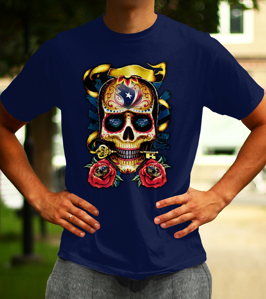 Houston Texans Skull Design With Roses And Key T-Shirt