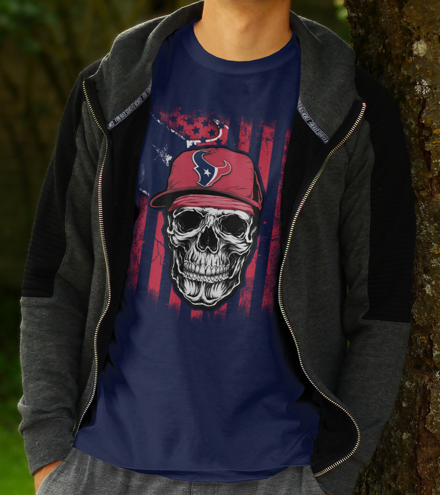 Skull In Houston Texans Hat With American Flag Background T-Shirt