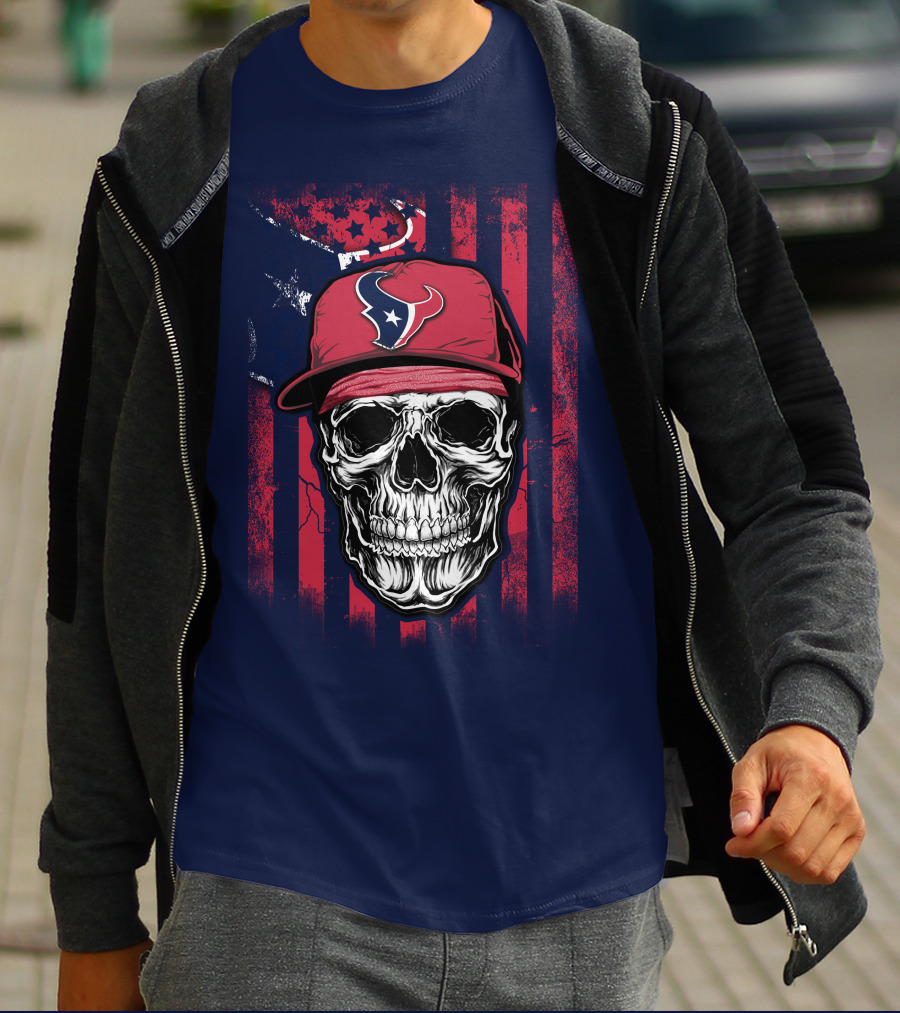 Skull In Houston Texans Hat With American Flag Background T-Shirt