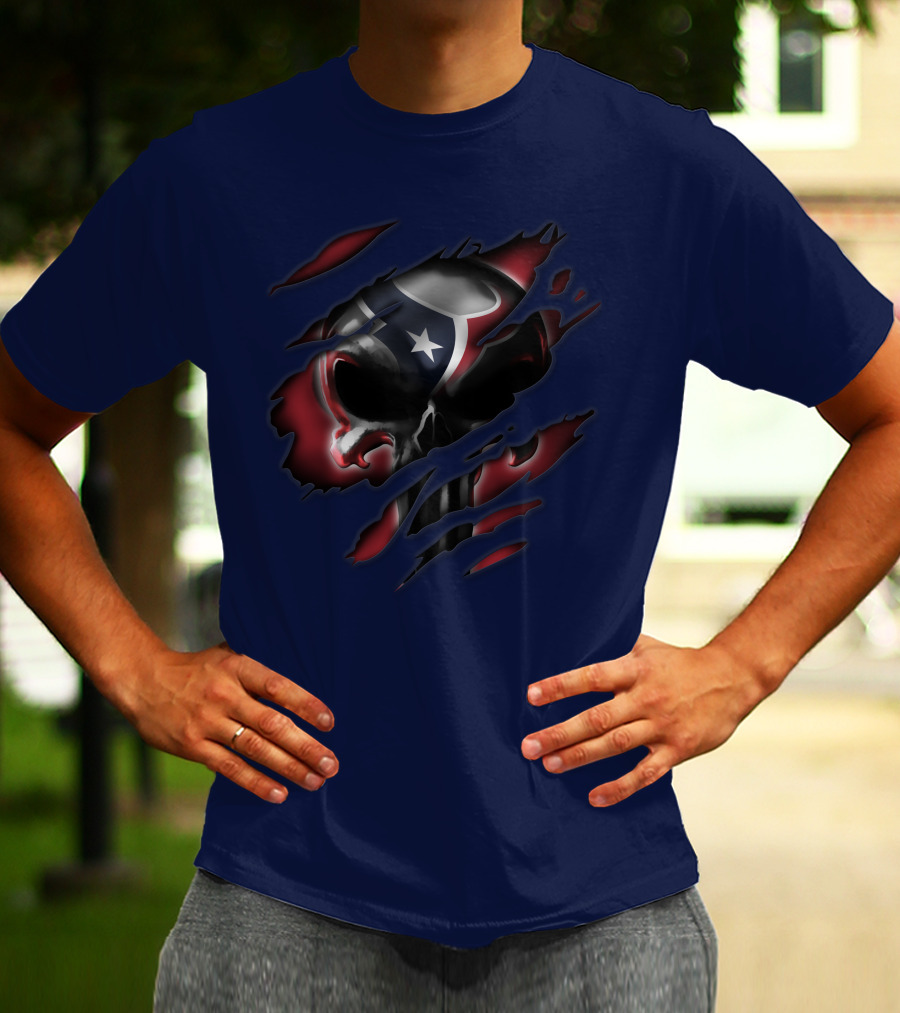 Houston Texans 68 Skull Logo Ripped T-Shirt