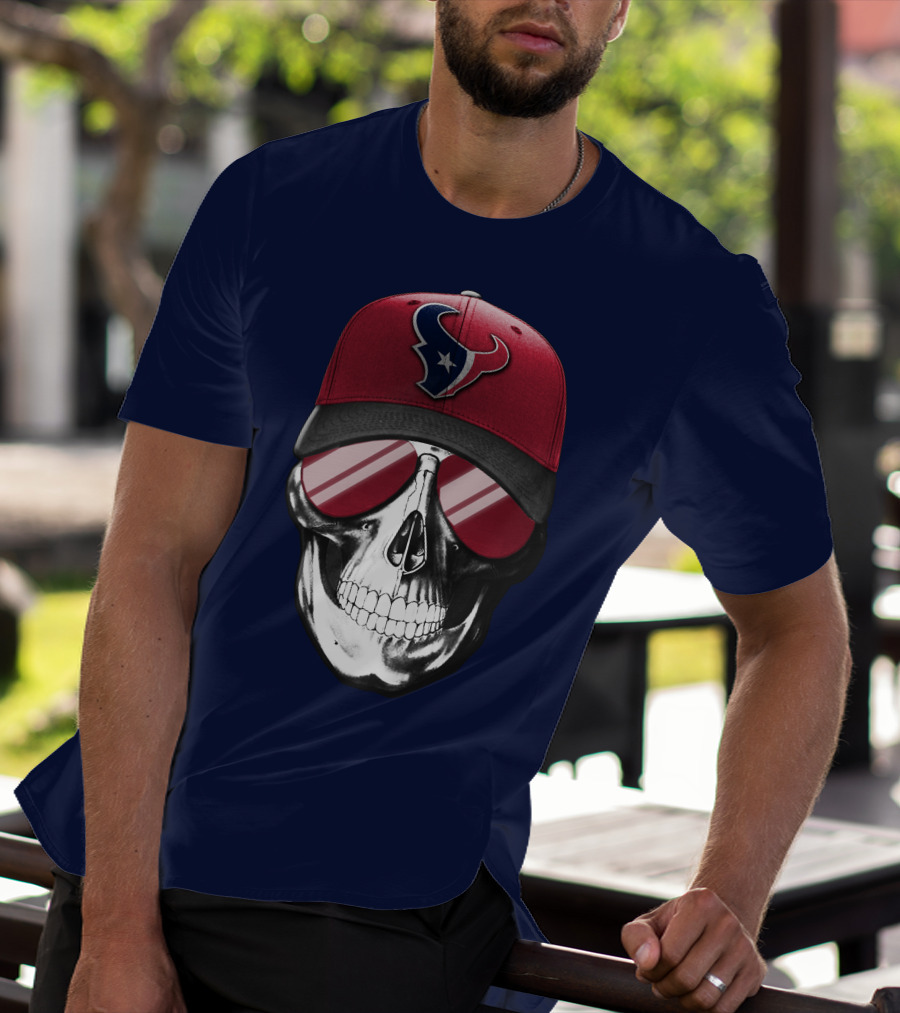 Skull With Houston Texans Logo Hat And Reflective Sunglasses T-Shirt