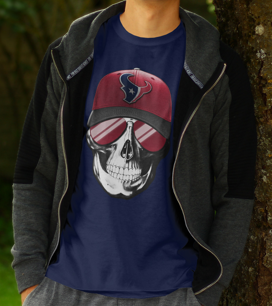 Skull With Houston Texans Logo Hat And Reflective Sunglasses T-Shirt