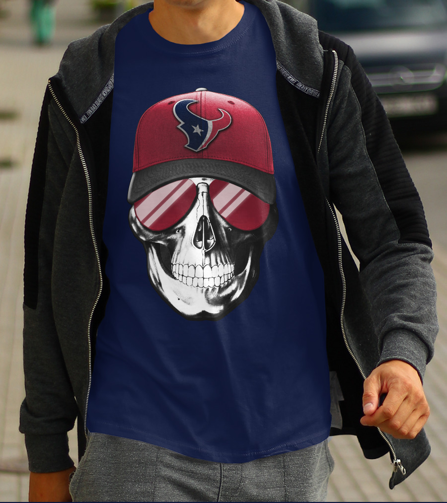 Skull With Houston Texans Logo Hat And Reflective Sunglasses T-Shirt