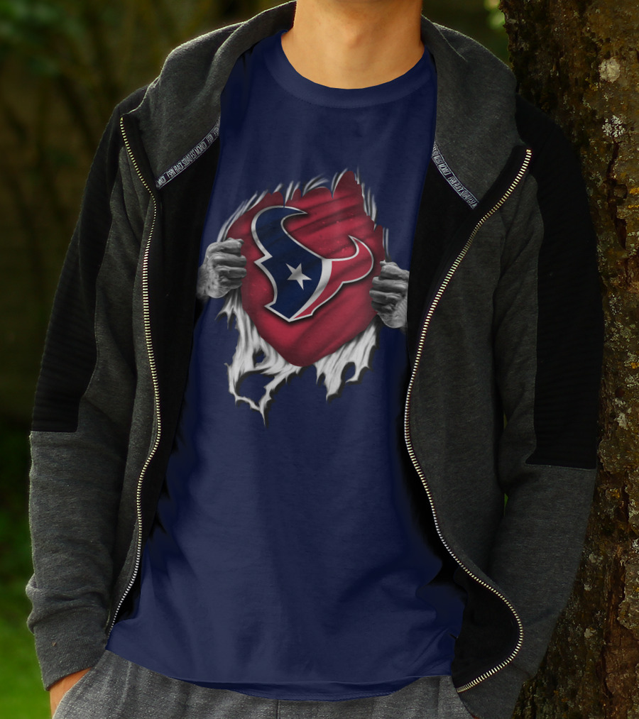 Torn Houston Texans Emblem Revealed Through Superhero Rip Effect T-Shirt
