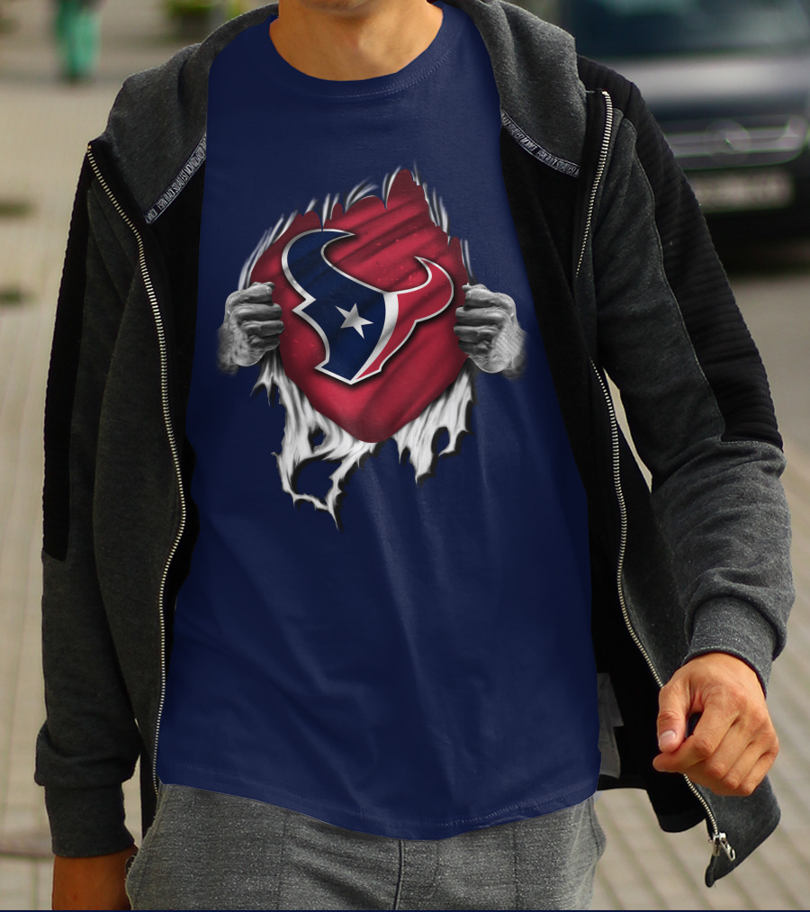 Torn Houston Texans Emblem Revealed Through Superhero Rip Effect T-Shirt