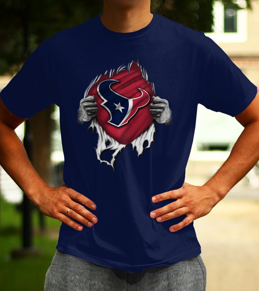 Torn Houston Texans Emblem Revealed Through Superhero Rip Effect T-Shirt